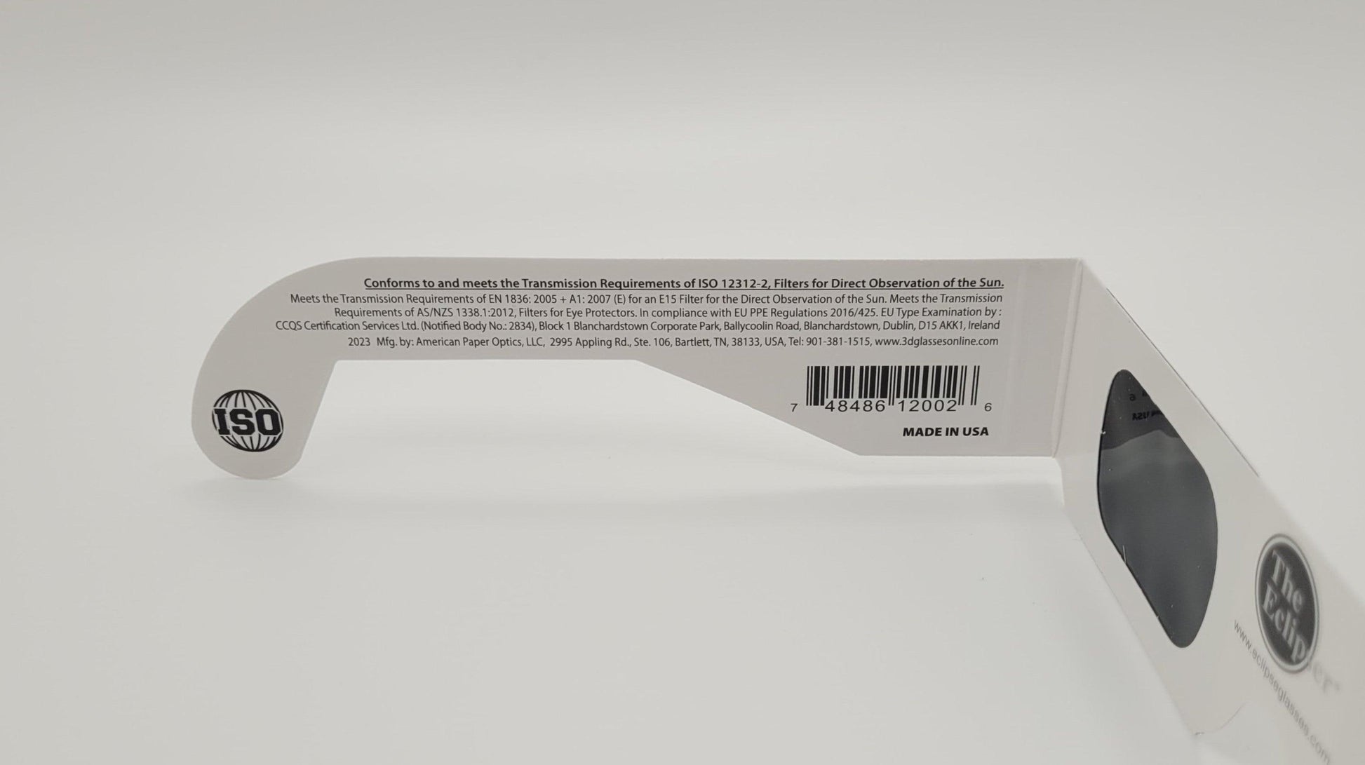 A side view of the instructions printed on a pair of solar glasses, viewed on the left.